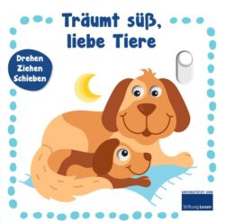 Süße, cartoonartige Hunde liegen zusammen auf einer Decke und träumen unter einem Mond, mit interaktiven Elementen zum Drehen, Ziehen und Schieben, aus dem Kinderbuch "Träumt süß, liebe Tiere".