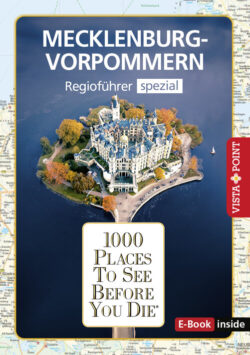 Buchcover des Regioführers für Mecklenburg-Vorpommern mit dem Titel "1000 Places To See Before You Die", featuring ein Schloss auf einer Insel umgeben von Wasser und Natur.