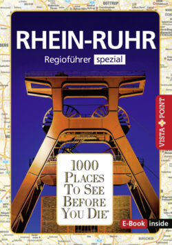 Rhein-Ruhr Regioführer mit dem Titel "1000 Places To See Before You Die", abgebildet auf einem Hintergrund von Stadtplänen.
