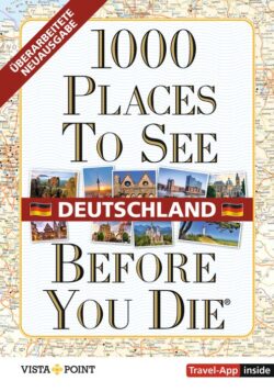 1000 Orte in Deutschland, die man gesehen haben sollte, Buchcover mit Bildern von Sehenswürdigkeiten und Reiseführer-Informationen.
