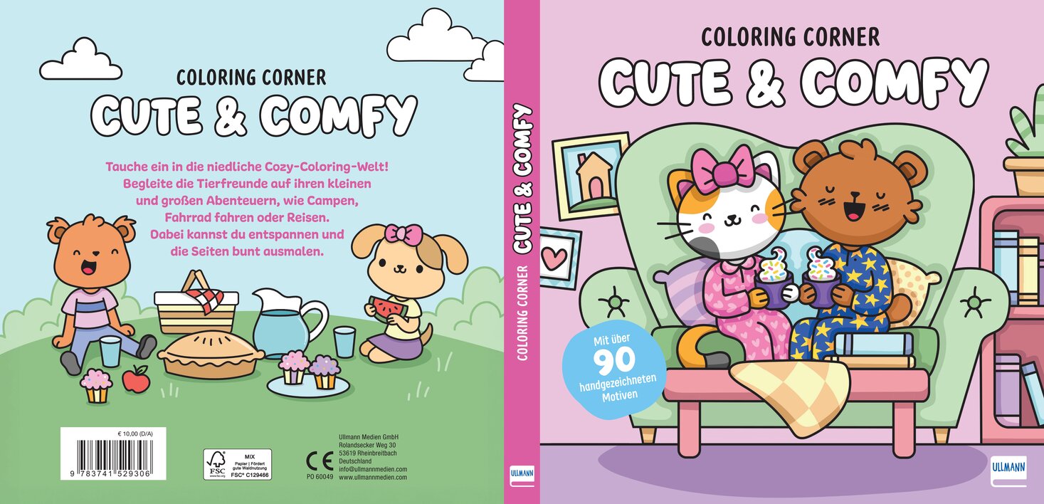 Cozy-Coloring-Buchcover mit niedlichen Tiercharakteren, die auf einem Sofa sitzen und Eis essen, umgeben von bunten Illustrationen und einem einladenden Design.