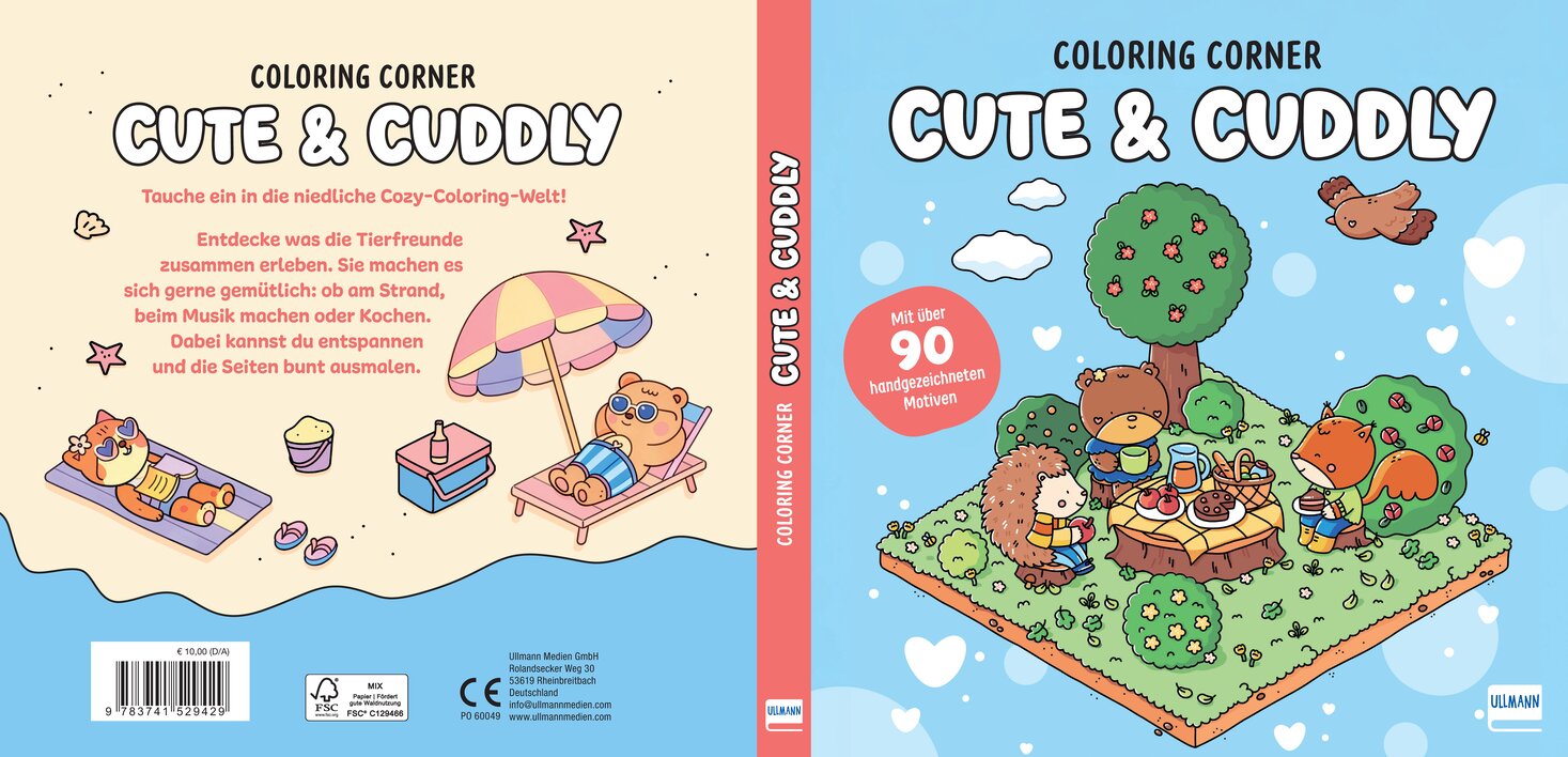 Niedliches Cover des Malbuchs "Cute & Cuddly" mit tierischen Freunden, die am Strand entspannen und ein Picknick genießen.